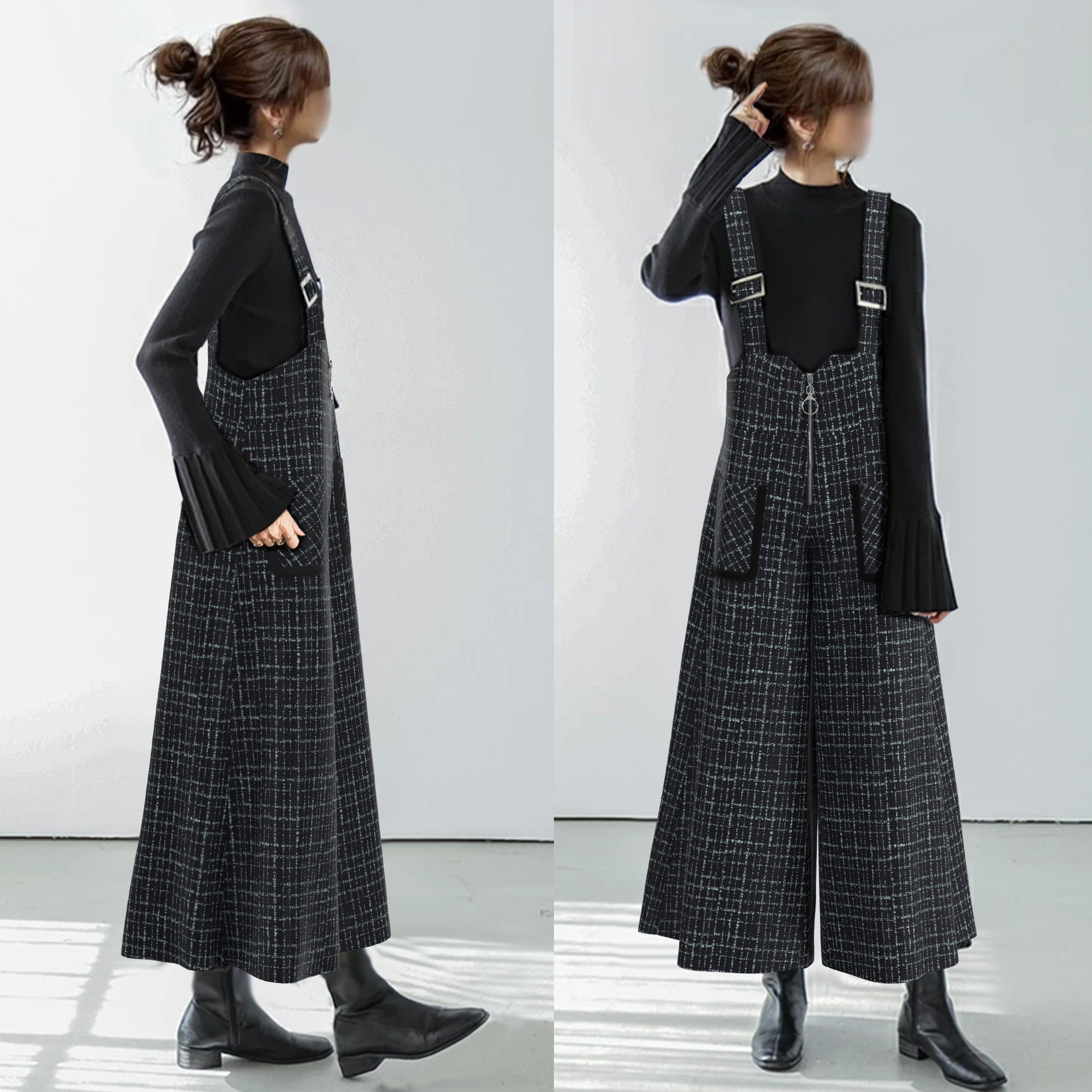 【新品殺到！】 目を奪われる ファスナー ポケット付き フェミニン チェック柄 ロング丈 サロペット レディース