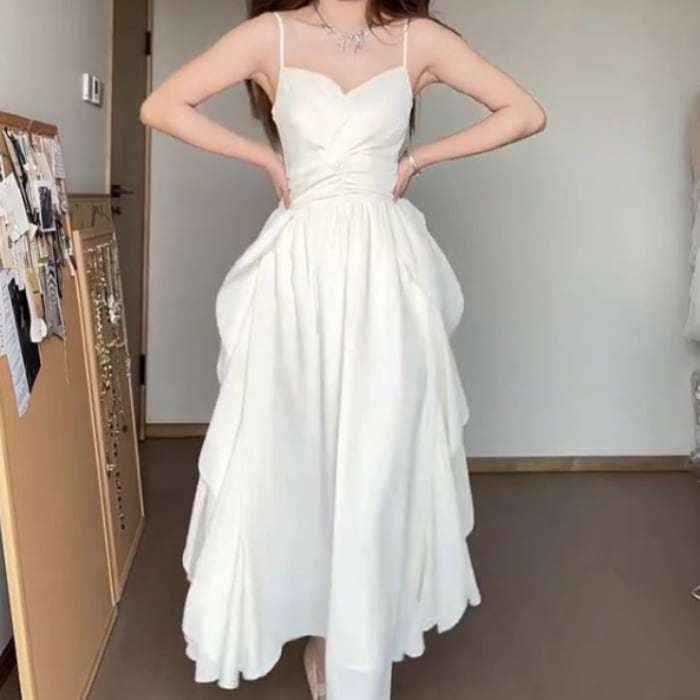 ドレス ワンピース パーティー 演奏会 発表会 ロング フレンチドレス 袖なし ノースリーブ 襟なし プリンセスライン スレンダー カジュアル ハイウエスト 薄手 可愛い きれいめ シンプル