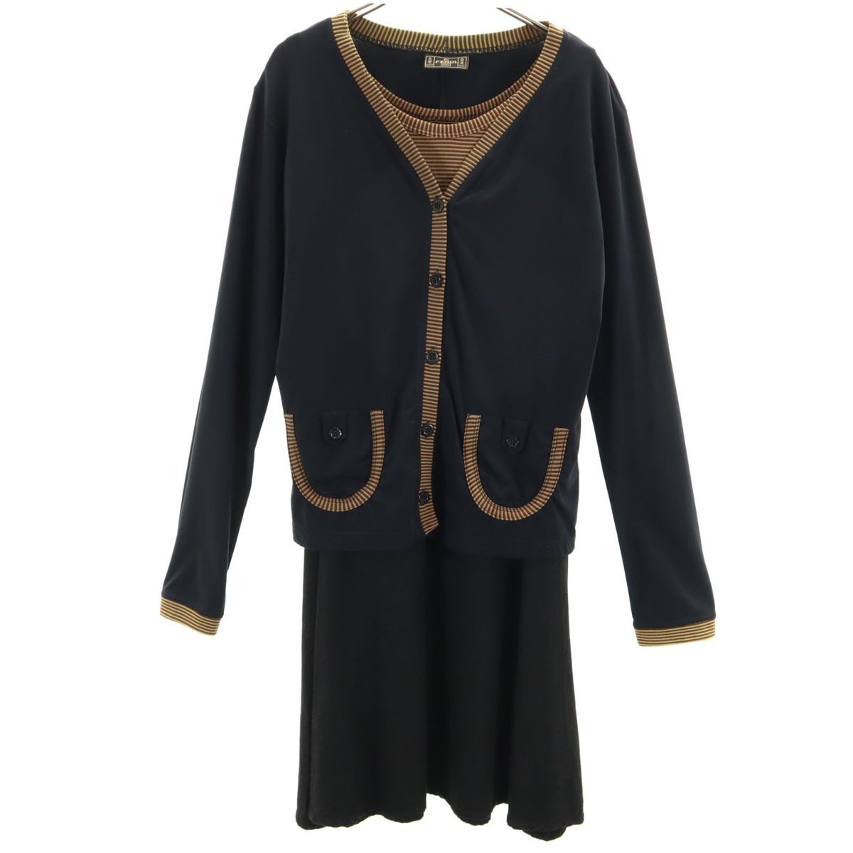 イタリア製 ボーダー柄 長袖 アンサンブル 膝丈ワンピース 46 ネイビー カーディガン レディース 古着