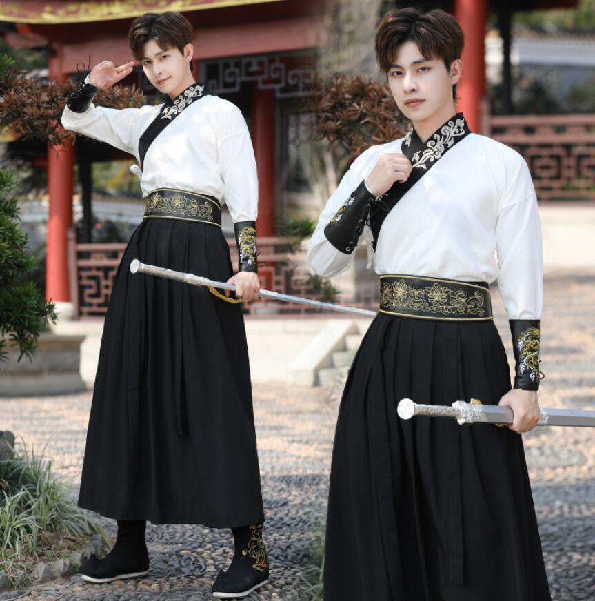 チャイナ服 華流 ハロウィン コスプレ衣装 メンズ おしゃれグラデーション 中華服 上下セット 交差 袴風 中華衣裳 中国古代服装 中国時代劇コスチューム 刺繍 男性 漢服 カンフー コスプレ 学園祭