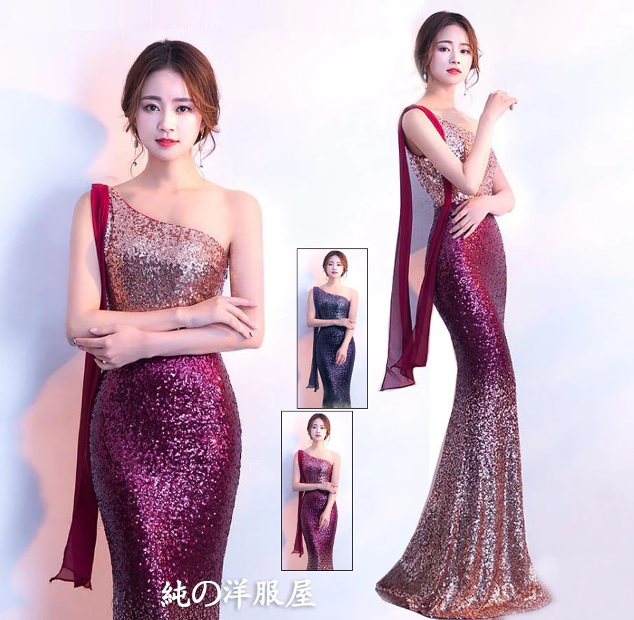 パーティードレス スパンコール グラデーション ロング丈 マキシ丈 マーメイドドレス 肩にシフォンショール付き 片袖 ワンショルダー 美シルエット イブニングドレス 結婚式 二次会 発表会 演奏会 お