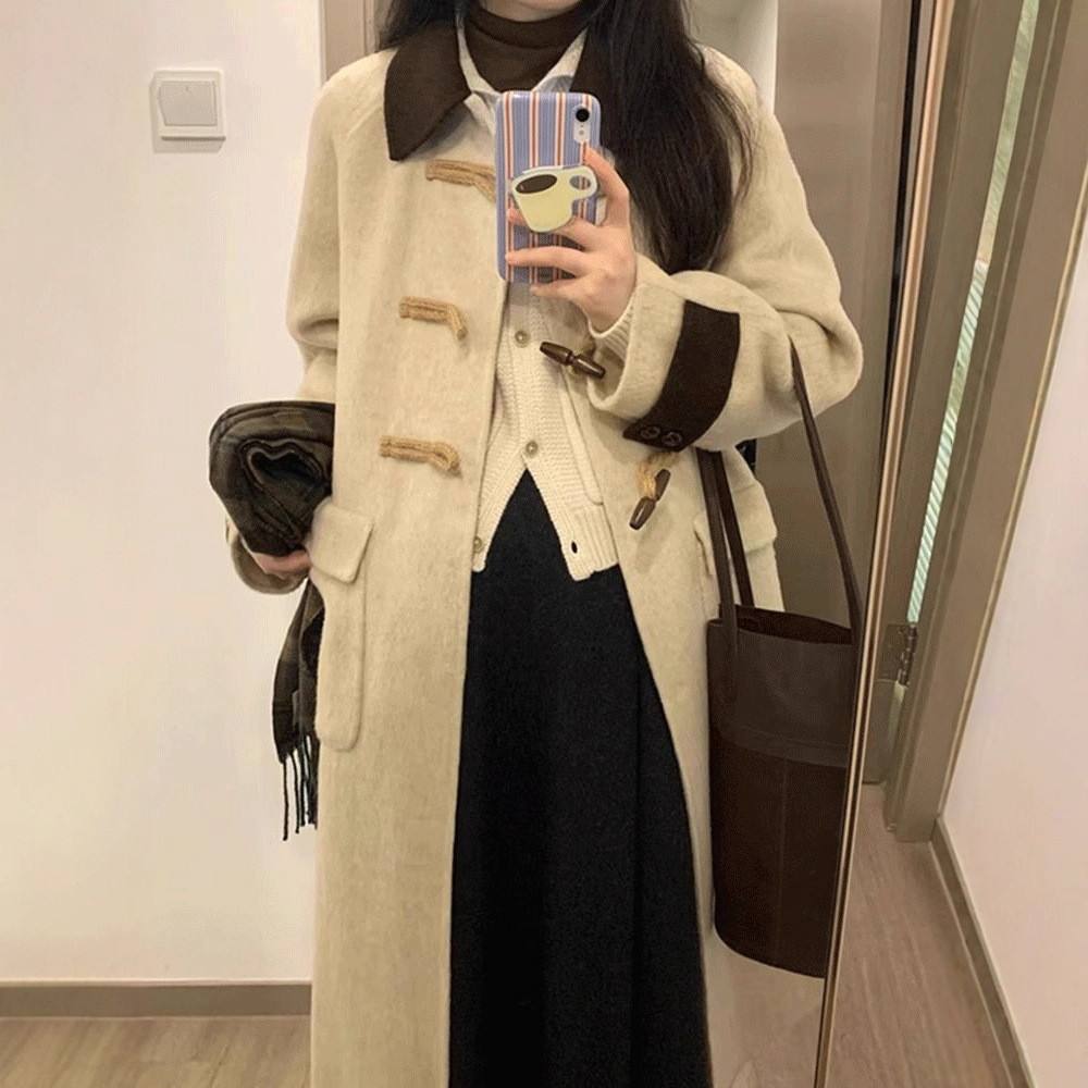 韓国風のレディースダッフルコート秋冬プレッピーなデザイン厚手のウールのオーバーコートトレンディ