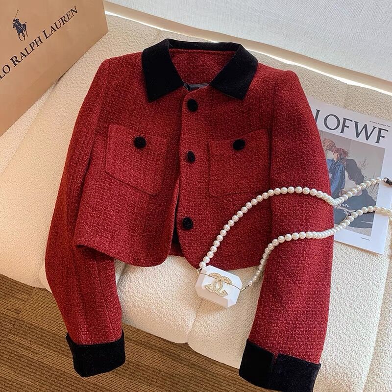 【初秋新入荷】フレンチ高級感ファッション小香風赤いコート女性短型2024春秋新モデル洋風痩せて見える小柄