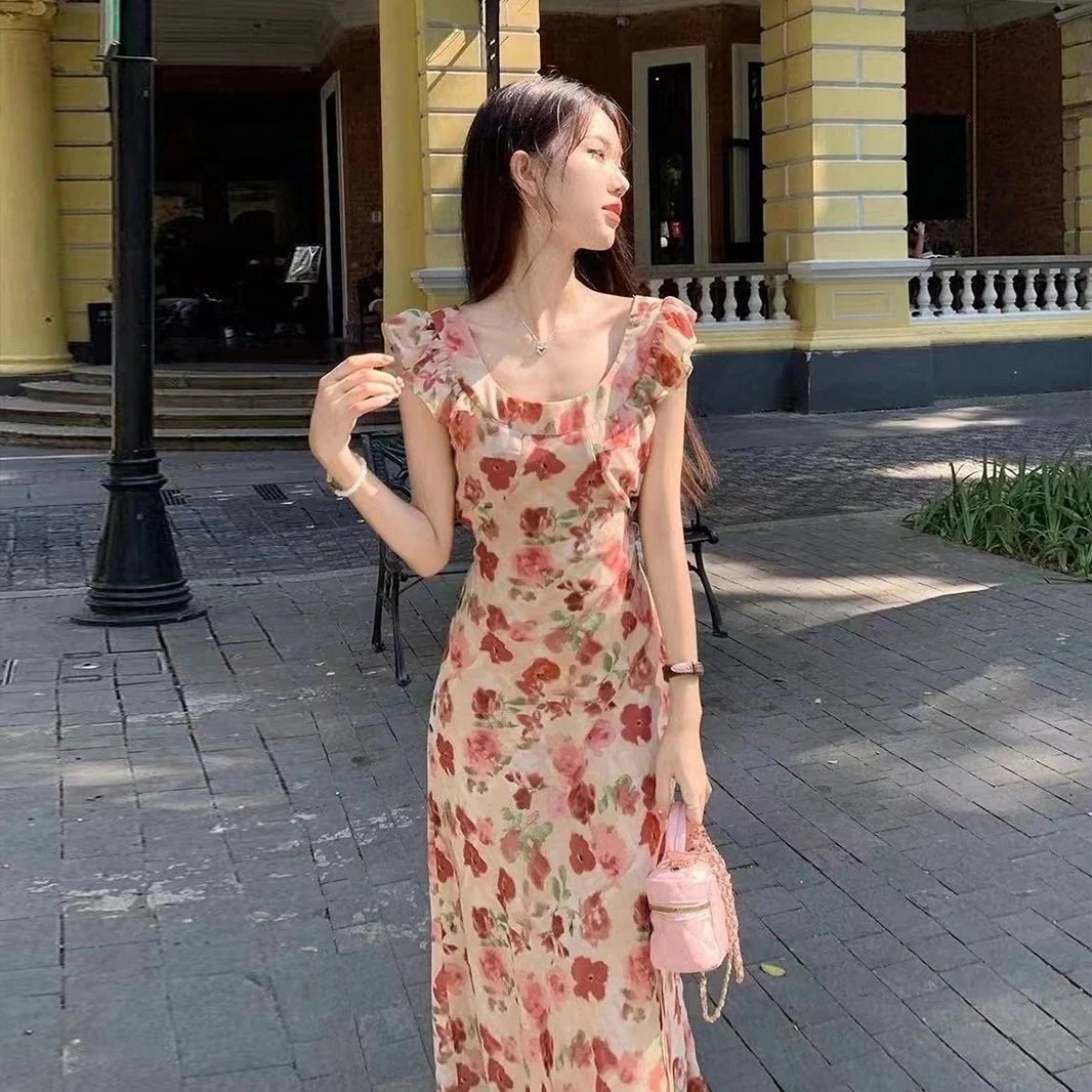 スカート花柄ホルタードレス女性25フライフライスリーブウエスト細いAラインロングスカート ロングスカート