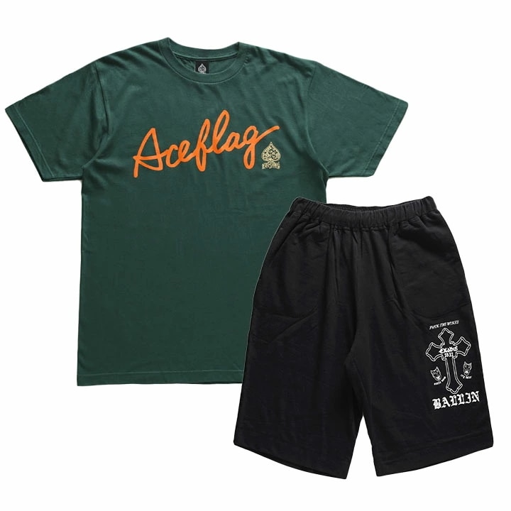 ACE FLAG 上下セット 半袖 ブランド Tシャツ ハーフパンツ メンズ 春夏用 緑 大きいサイズ エースフラッグ セットアップ スペード スペードロゴ ペイズリー柄