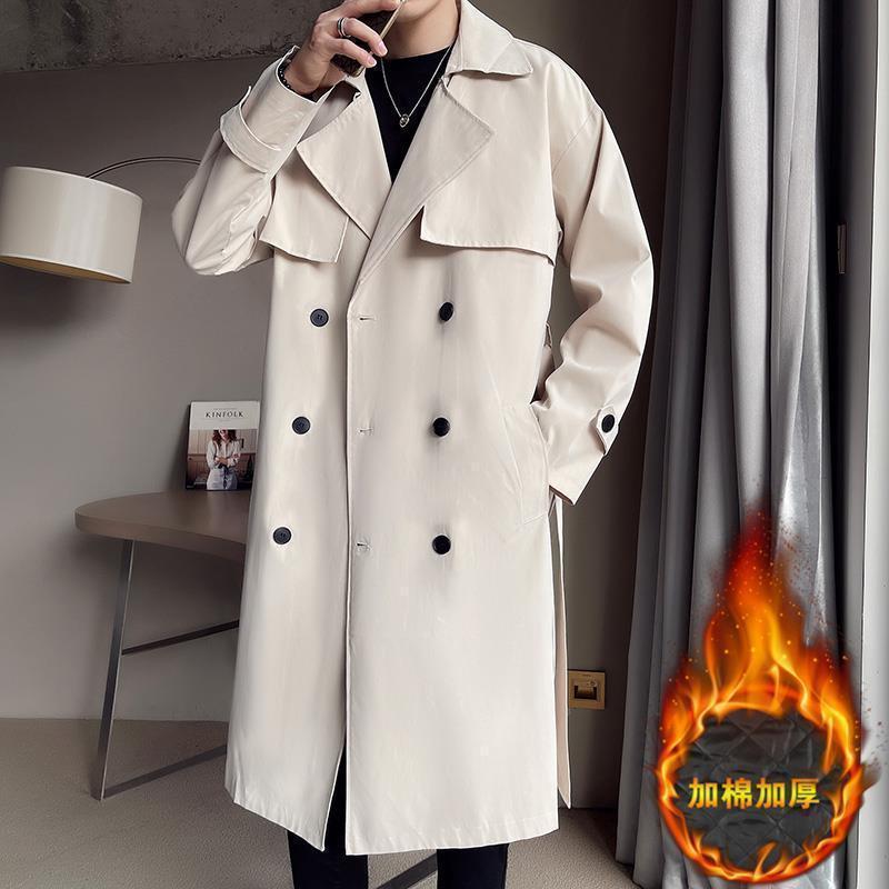 オフホワイト ダブルブレスト ウインドブレーカーコート メンズ ミドル丈 秋冬 大きいサイズ 綿 厚手 膝丈 レースアップコート ゆったり