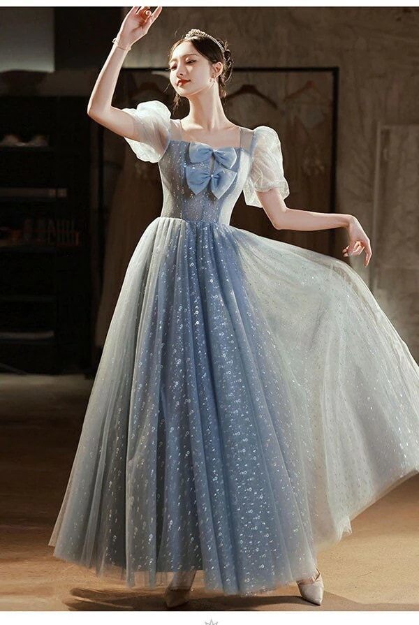 ワンピースドレスドレスブルー ピアノ発表会 袖あり ロングドレス 小さいサイズ ドレス フェミニン 30代 結婚式 大人 演奏会 お呼ばれ 可愛い 20代 リボン ドレス 大きいサイズ パーティー