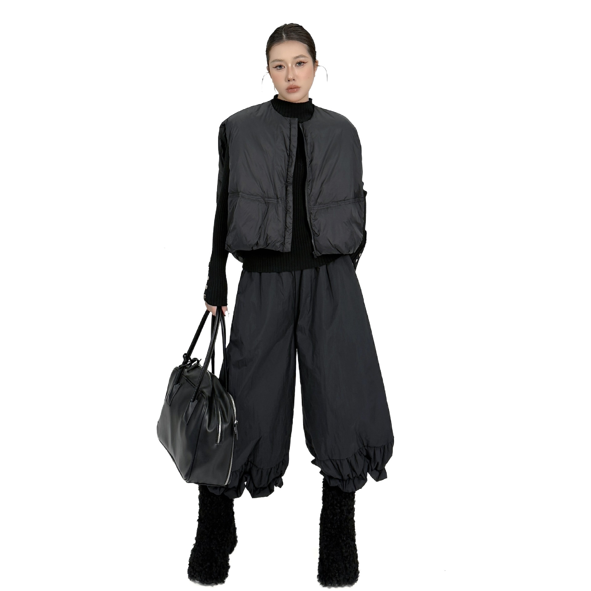 【Noir Mode】 秋冬 セット ダウン ゆったり ダウンベスト+ゴム ワイドパンツ デザイン性 ブラックコーデ 大きいサイズ レディース 体型カバー ベスト パンツ スラックス セットアップ