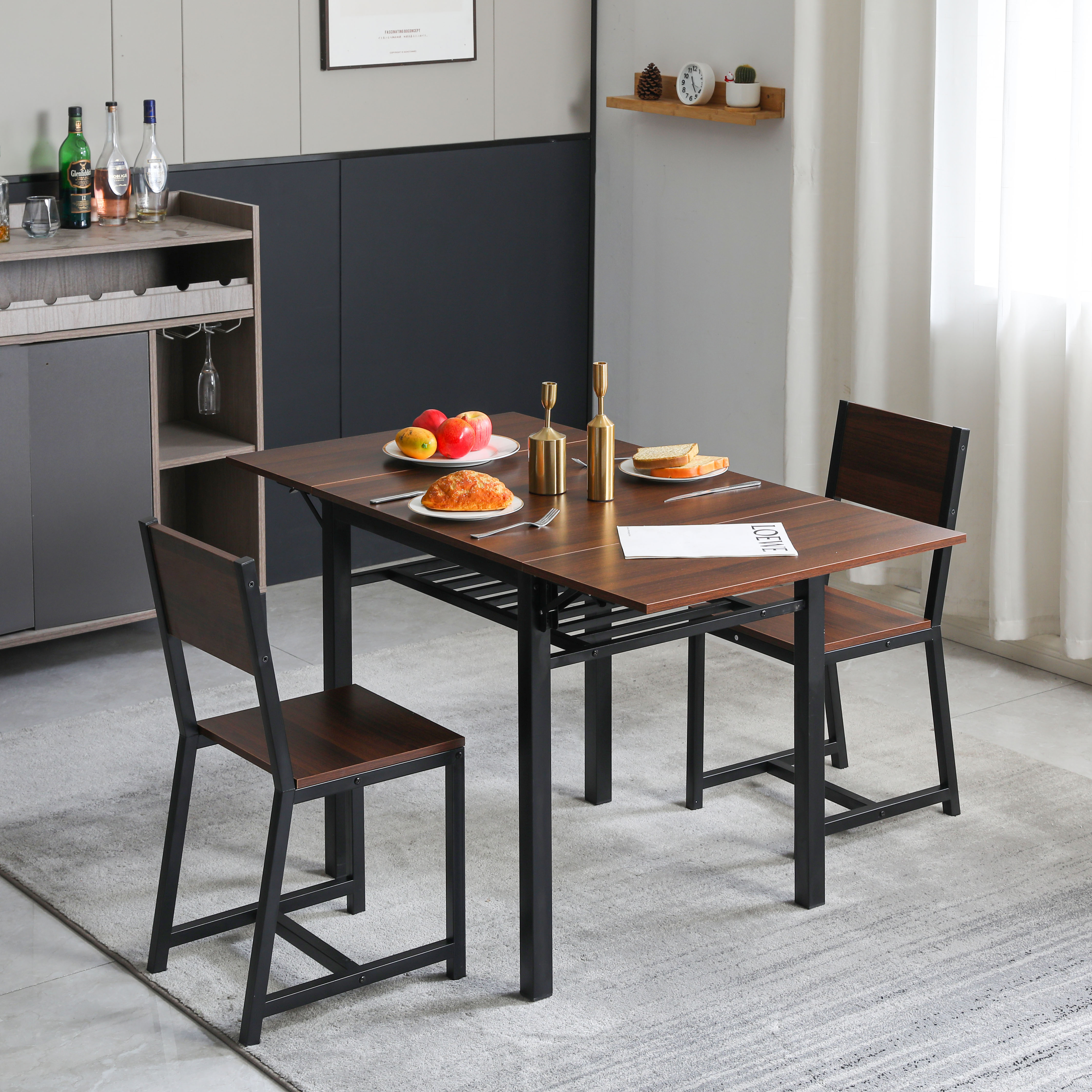 【ブラウン】ダイニングセット 3点 ダイニング3点セット 2人掛け 無垢材 ダイニングテーブルセット ダイニングチェア 折りたたみテーブル 伸縮ウッドダイニング レトロ 食卓 パイン 新作