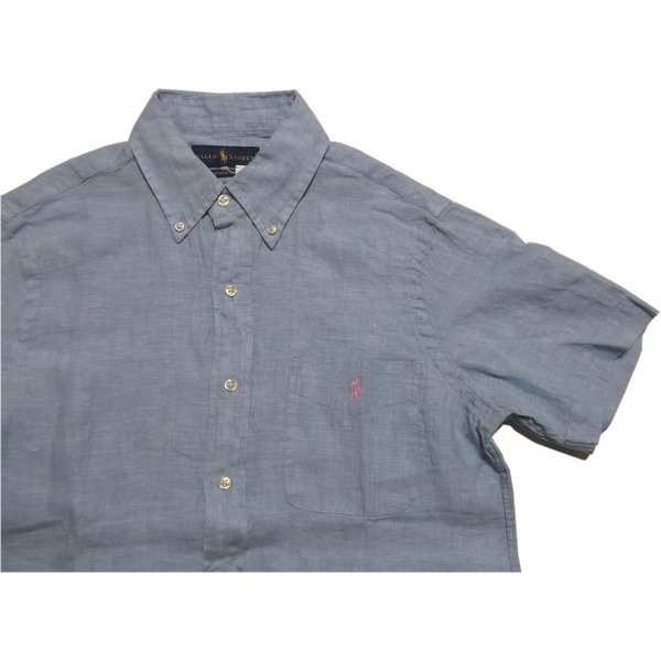 半袖 ワンポイント ボタンダウンシャツ リネン 麻 ブルー PR2-1214