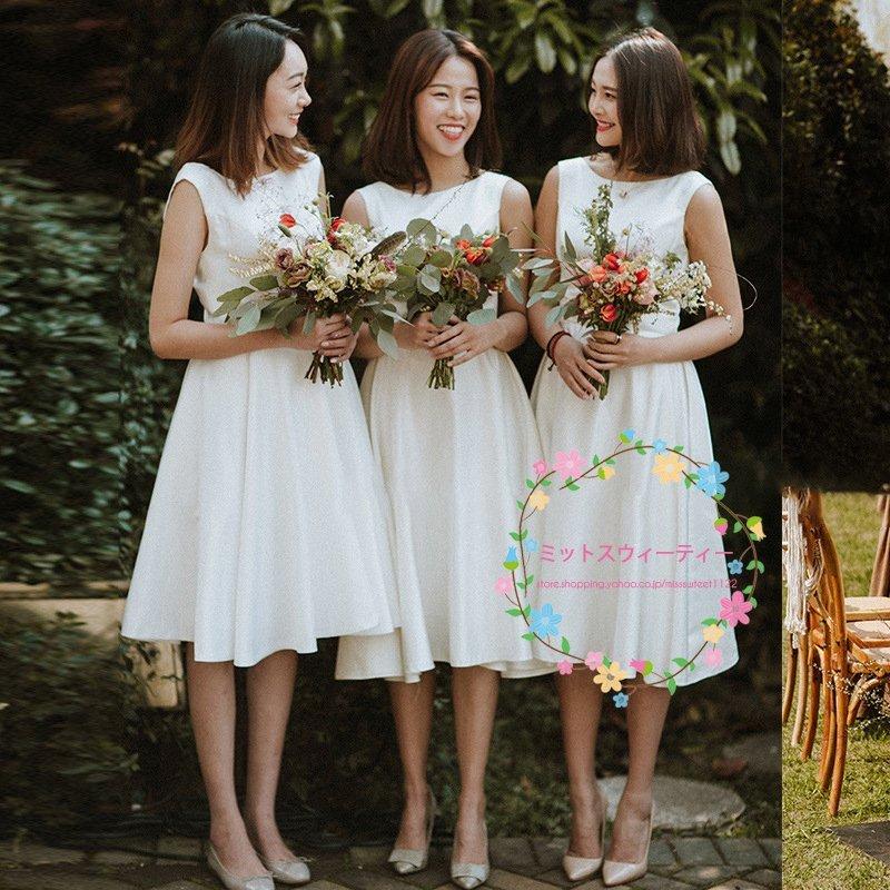 韓国ファッション袖なし ブライズメイドドレス 花嫁 ミディアム丈 Aラインドレス 海外挙式 結婚式 ミモレ丈 安い 旅行撮影 披露宴 ウエディングドレス 小さいいサイズ 結婚式