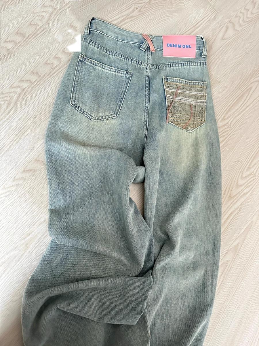 ライトブルー ゆったり ストレートパンツ 脚長効果 デニムボトムス ニューデザイン ハイウェスト 着痩せ デザイン感 ファッション コーディネート ワイドパンツ ジョガーパンツ 5,029円