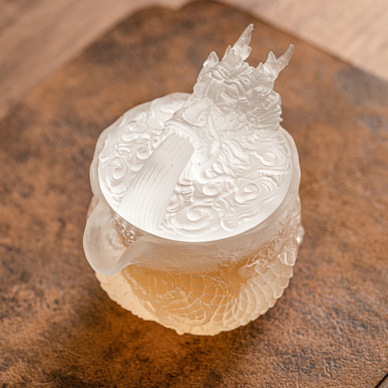 エンボス加工のドラゴン柄ティーポット シングルポット レトロガラスティーポット カンフーティーセット 高級ハンドル 小型ポット