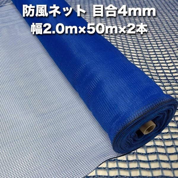 防風ネット(青色) 網目4mm 2.0m50m2本 防塵 防砂 風対策 強風対策 園芸 家庭菜園