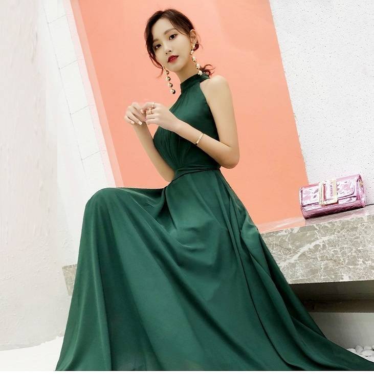パーティードレス ロング ロングドレス 演奏会 ドレス 大きいサイズ 結婚式 お呼ばれドレス マキシ丈 グリーン バックリボン 可愛い 20代 ノースリーブ ホルターネッ 10代