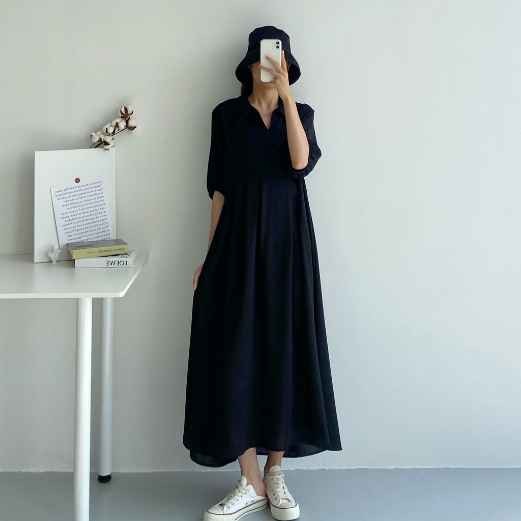 ワンピース フレアワンピース マキシ マキシ丈 袖あり 五分袖 Vネック 襟付き フレア ワイド Aライン ハイウエスト かわいい 大人可愛い シンプル カジュアル 大人 おしゃれ お洒落 大人可愛い