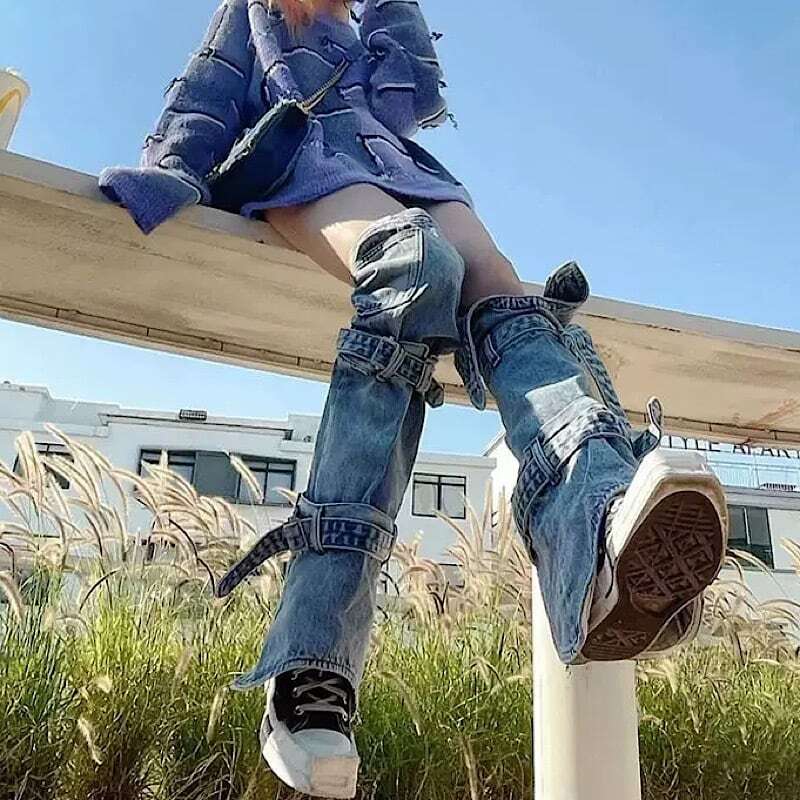 レディース ベルト付き デニム レッグウォーマー ソックス 足長効果 スタイルアップ Y2K スニーカーコーデ ブーツカット 大人可愛い ママコーデ ママファッション 韓国系 オルチャン 人気 トレン