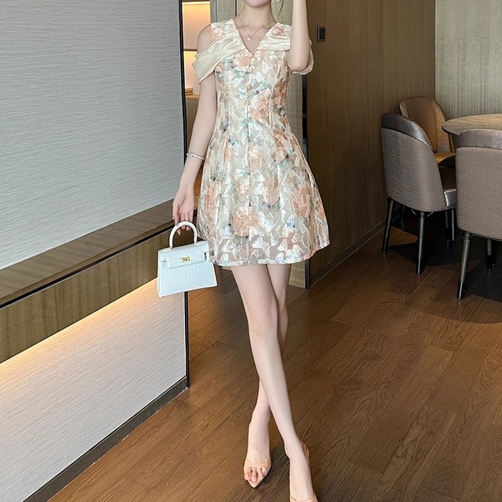 ワンピース ドレス ミニドレス ミニワンピース Aラインワンピース 花柄ワンピース オフショルダーワンピース フローラルミニドレス 花柄Aラインミニワンピース Vネック 袖あり 半袖 オフショルダー