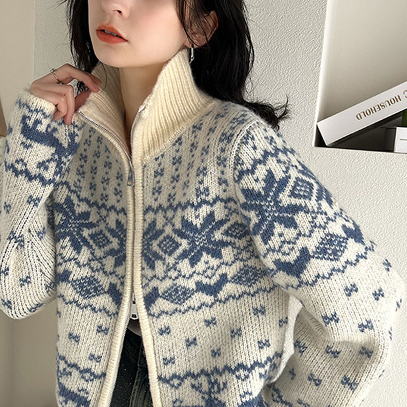 milybilet トップス カーディガン レディース レトロ調 ノルディック柄 ダブルジップ ニット カーデ 長袖 ショート丈 ゆるっと オーバーサイズ 大きいサイズ