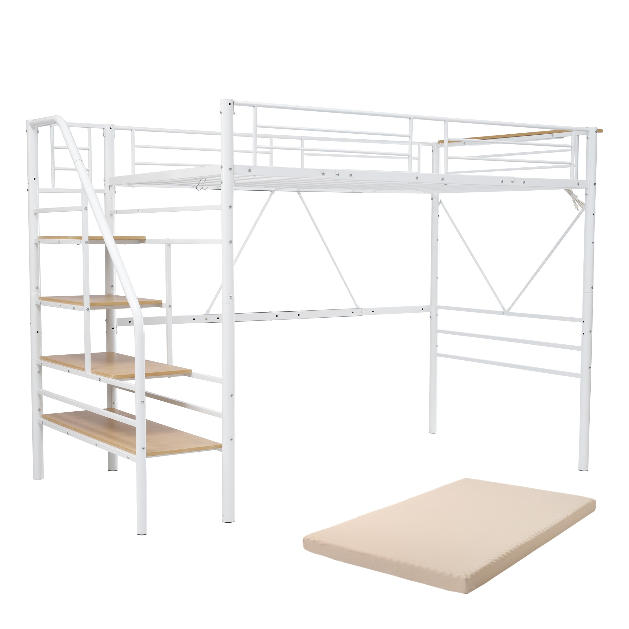 【10cm厚さベージュマットレス付き】ロフトベッド 階段付き S パイプベッド シングル コンセント付き 収納 スチール 耐震 ベッド シングル パイプベッド パイプ 27,504円