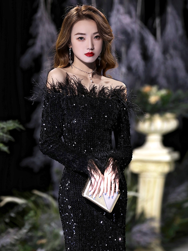 ブラック スパンコール ドレス 2025 バンケット エレガント ワンショルダー ホスティング アート試験ボーカル ドレス