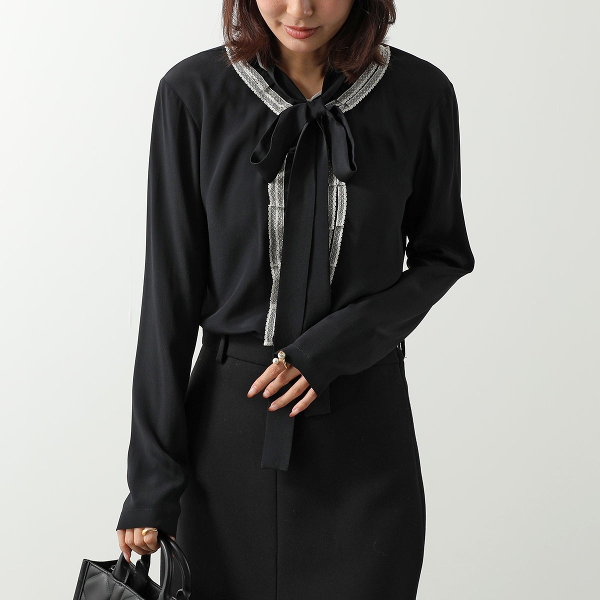 N21 ヌメロヴェントゥーノ ブラウス G091 5111 レディース 長袖 シャツ レース シルク混 ロゴ リボン 9000 【ts】