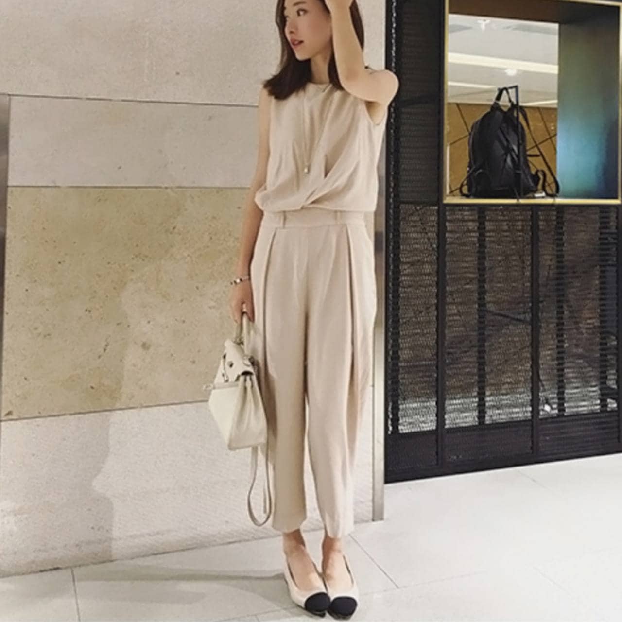 トップス パンツ オールインワン ジャンプスーツ クロップドパンツ テーパードパンツ アンクル丈 袖なし ノースリーブ クルーネック スリム 細身 Iライン ドッキング スマート スリット