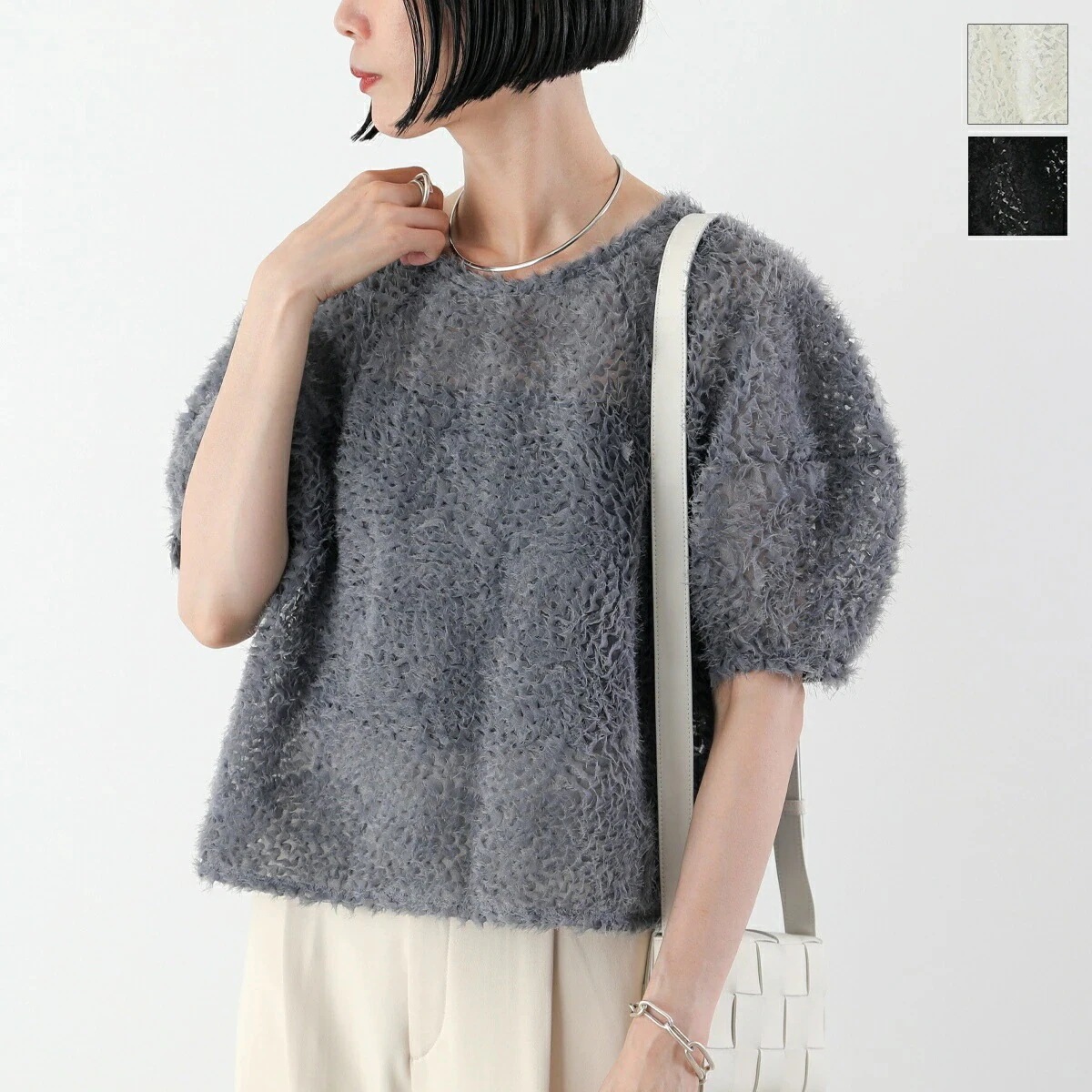 NUS ヌース ブラウス 35526 レディース UZUMAKI チュールランタンスリーブ 五分袖 クルーネック プルオーバー カラー3色