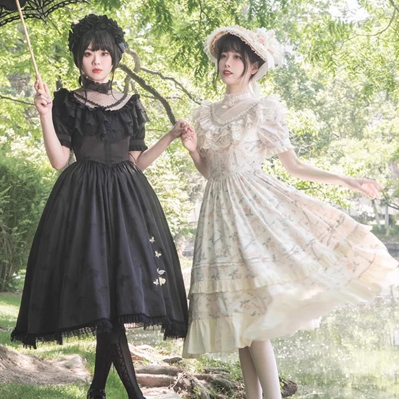 【快速出荷】ロリータ ワンピース 半袖 花柄 ゴスロリ ロング フリル 刺繍 夏 スウィート ロリータドレス コスプレ コンカフェ コスチューム 舞台 ロマンティック 甘め