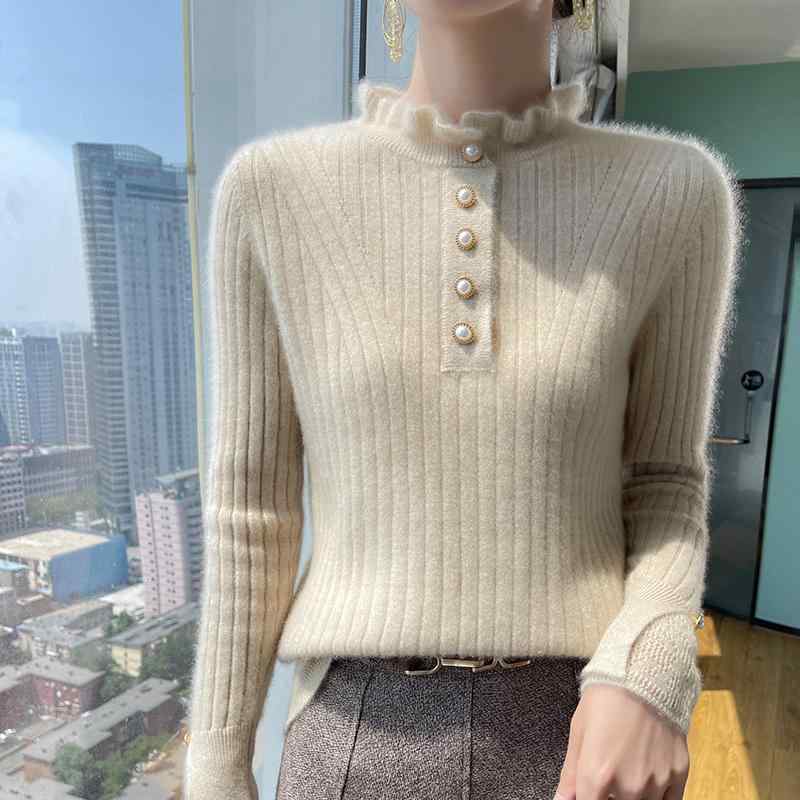 秋冬 コーデ レディース ファッション オシャレ 服 カワイイ シンプル 大人カワイイ 大きいサイズ 襟 ウール セーター スリム ニット