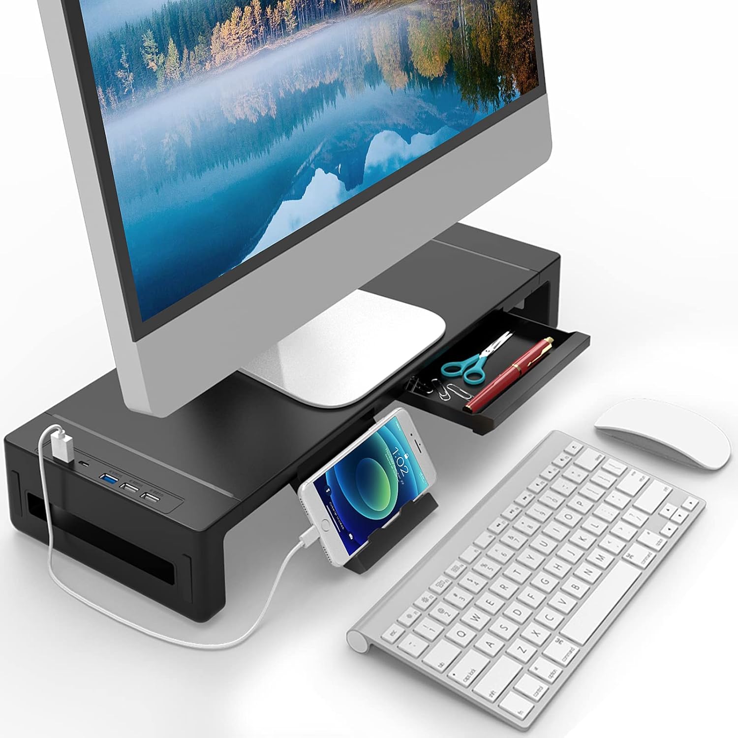 新発売モニター台 卓上 USB2.0/3.0データ転送付き モニタースタンド USB/TYPE-C充電付き PC台 折りたたみ可能 机上台 ディスプレイ 台 引き出し スマホホルダー付き パソコン 台