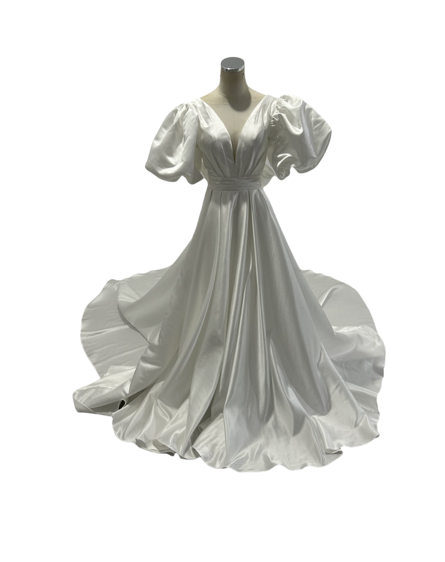 パーティードレス オフホワイト Vネック パフスリーブ ロングトレーン エレガント 披露宴