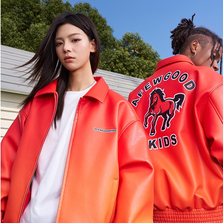 FFF正規品【AFGK】黒馬復場ブロックバスターカスタムPUグラデーション染め布刺繡ジッパー革ジャン潮牌外套ジャケット