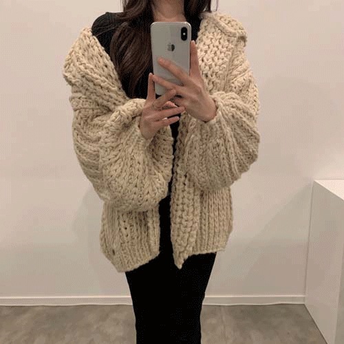 [か弱いフィット/保護本能刺激!] ルーズフィット ハンドメイド ウールニット パーカー カーディガン/4color