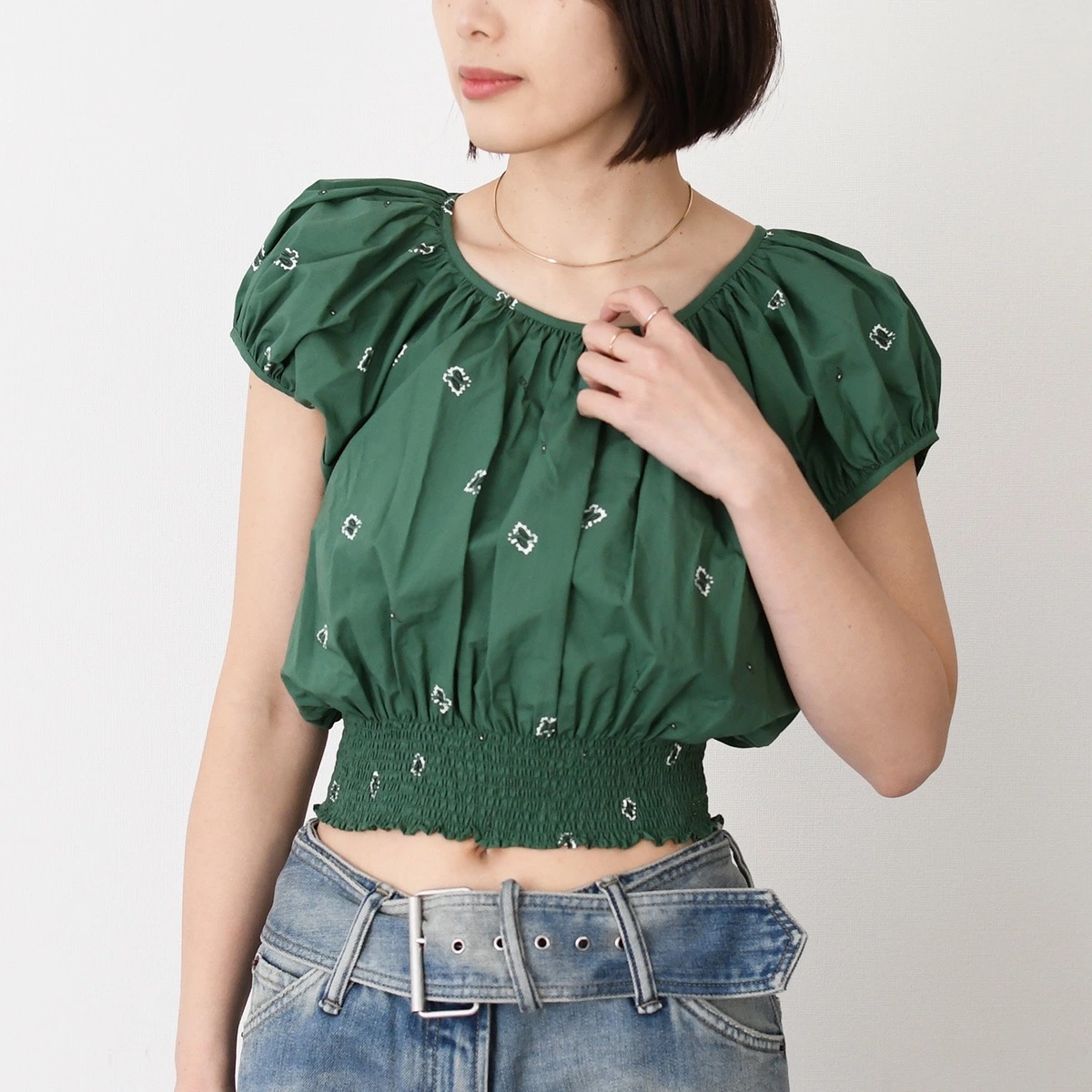トップス ショート スモック BANDANA FC52TO0049I5 ブラウス レディース 半袖 春 夏 グリーン 緑 ボヘミアン 新作 人気 おすすめ ギフト AW50