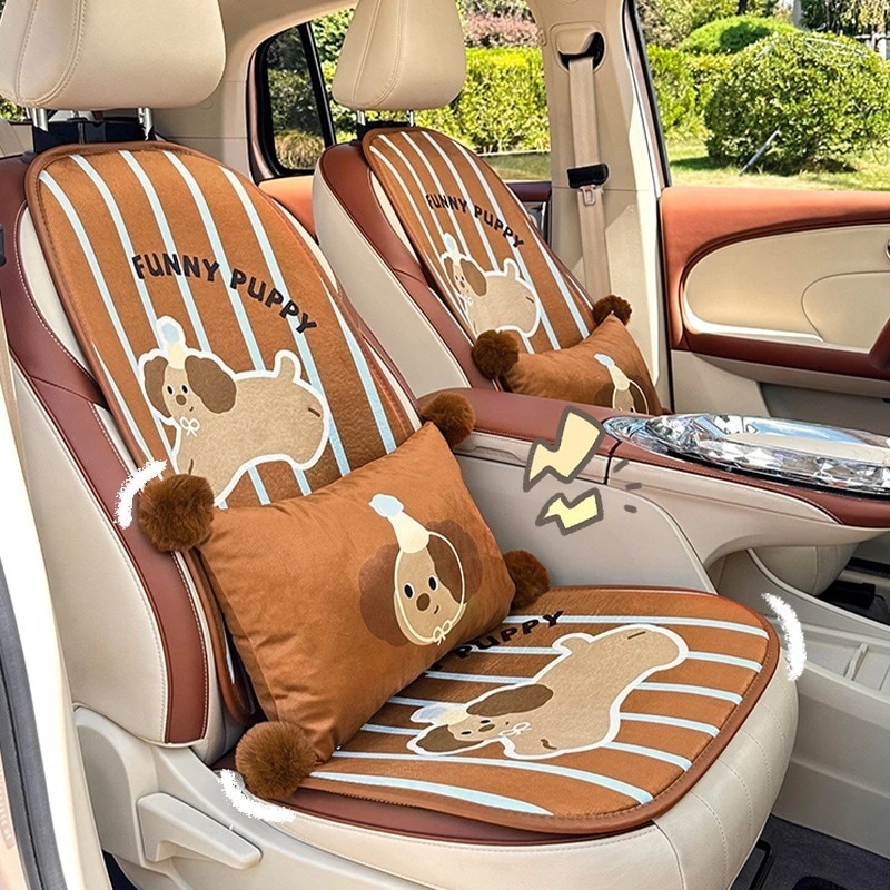 カーシートクッション秋と冬のハイエンド厚く暖かいシートクッションかわいいストライプ子犬車の一体型シートクッション