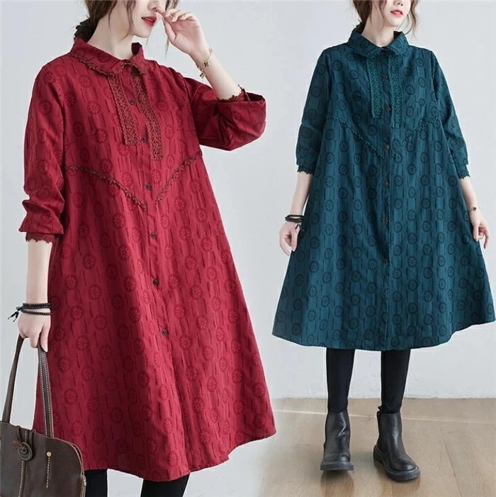 花柄 ワンピース 膝丈 ミディアムワンピース チュニックワンピース 長袖 レディース aラインワンピース ゆったり 秋冬 ナチュラル 通勤 秋 冬 春 シンプル 上品 着回し レース ポケット付き 5,299円