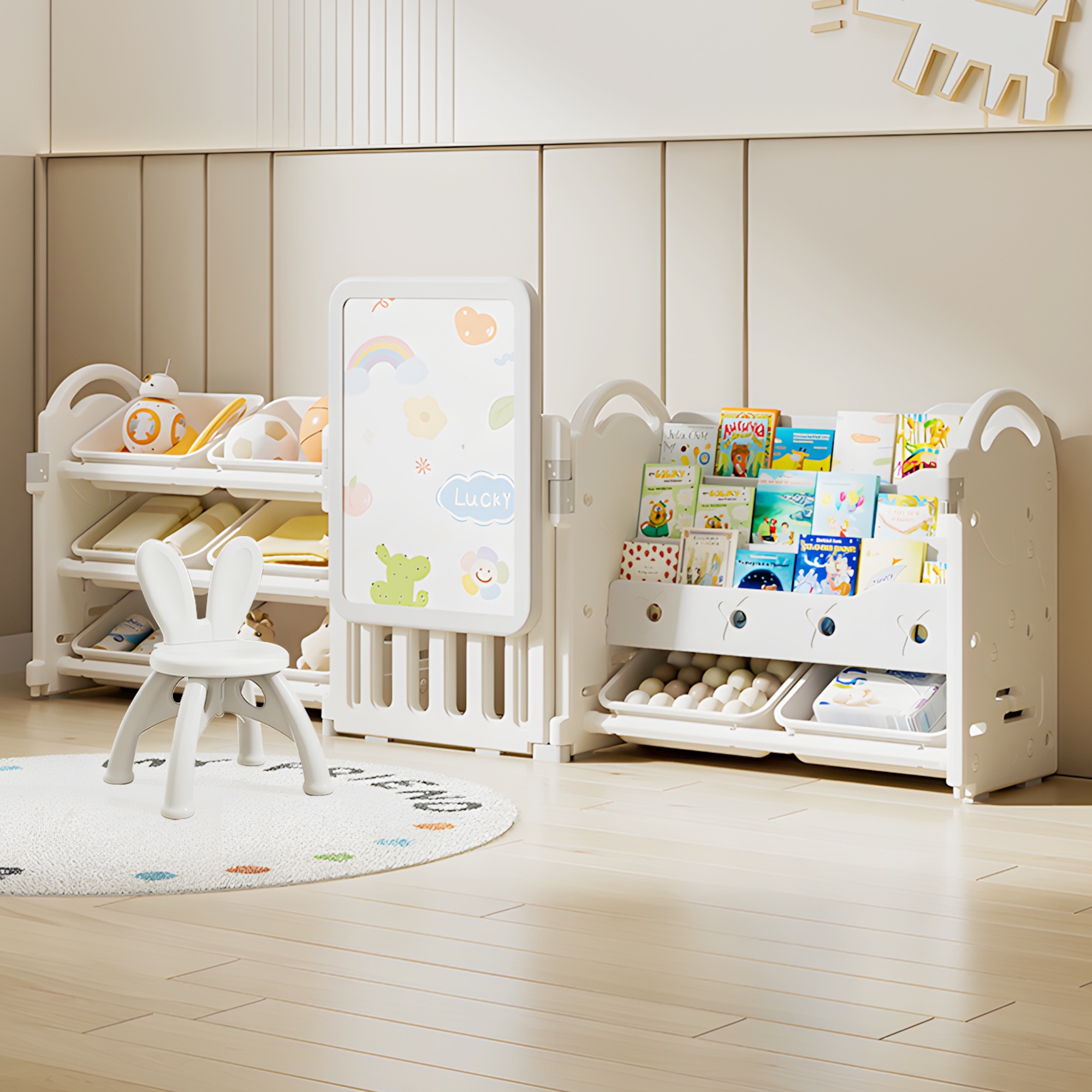 絵本棚 おもちゃラック ホワイトボード 自立 落書き 子供部屋収納 ワイドタイプ 大容量 シンプル HDPE 組立簡単 3段