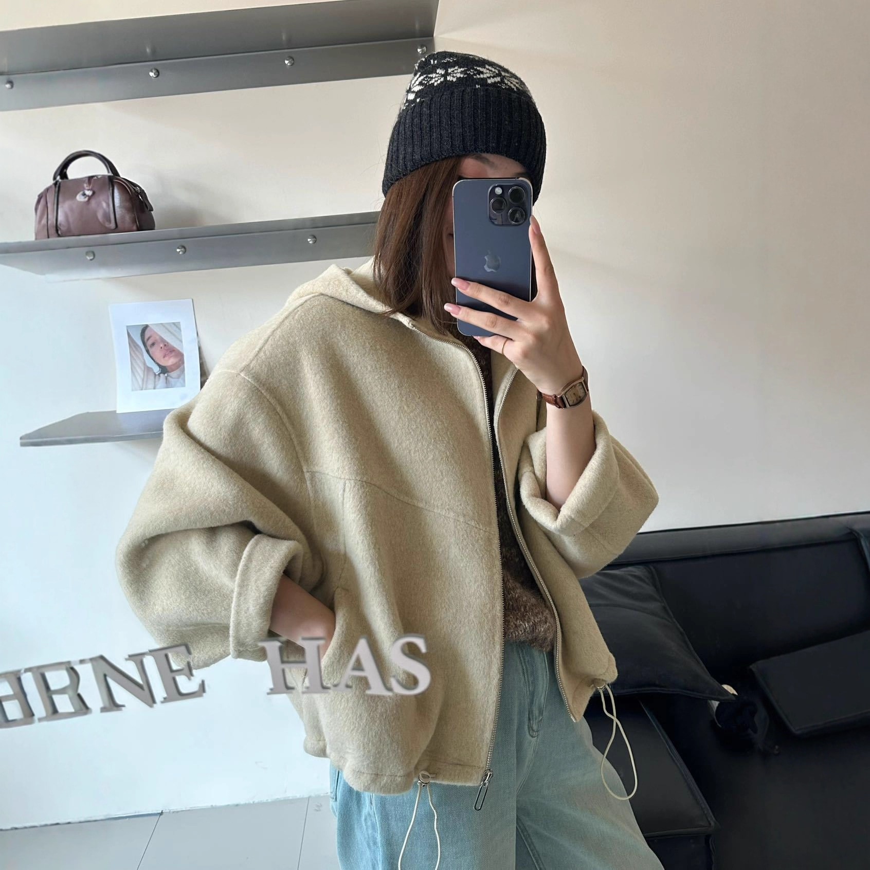 ジッパーオートバイ裾ドローストリング両面ウールコート厚く怠惰なスタイルルーズカシミヤ両面コート女性用