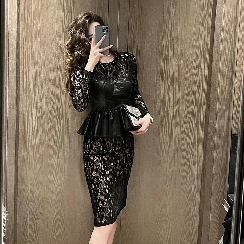 【3日で出荷】【JY.上品】ドレスセット風 一体式ワンピース レース レザードッキング 春 パーティードレス ニセ2セット タイト ショートワンピース フォーマル ドレス 同窓会 披露宴 卒業式