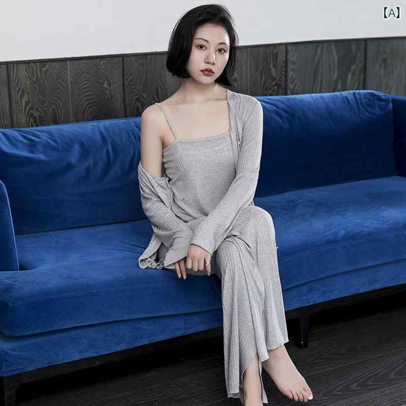 パジャマ ナイトウェア レディース 春秋 魅力的 長袖 シンプル 無地 セクシー 3点セット ホームウェア 女性 グレー レッド