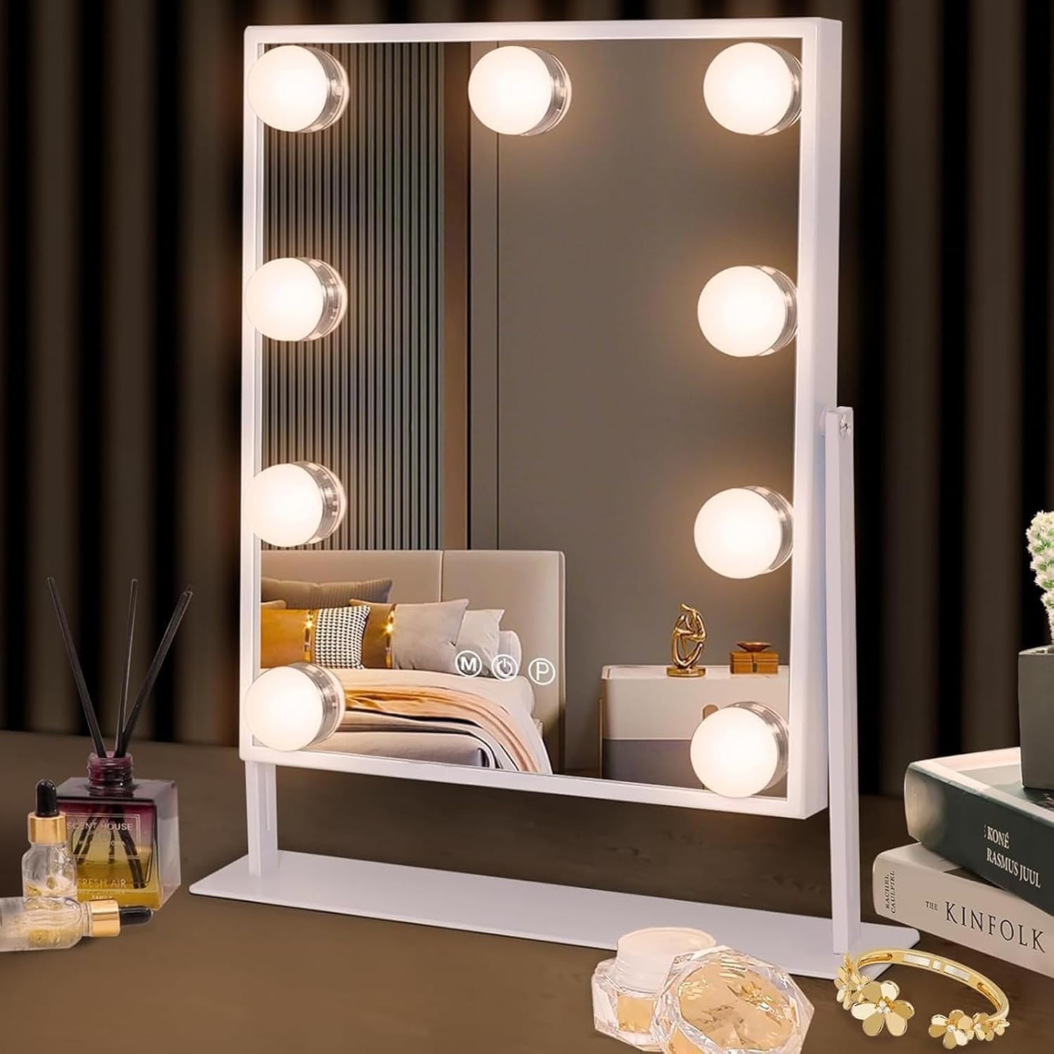 Hansong 女優ミラー ハリウッドミラー 卓上ミラー 化粧鏡 ライト付き LED 鏡 卓上 ミラー 9御個電球 明るさ調節可能 三色切替 無段階調光 記憶 転 広大鏡 給電式 白い 25*30cm