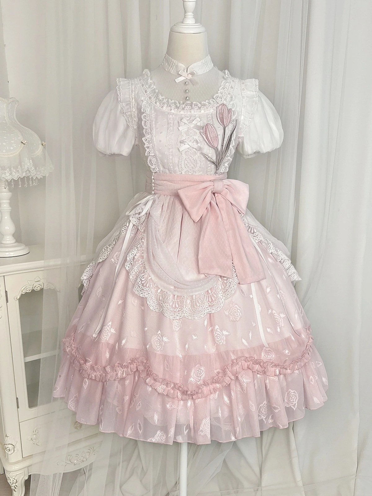ロリータワンピース チューリップ柄 膝丈 可愛い 花嫁 ロリータ ドレス フリル プリンセス ワンピース 半袖ドレス ハロウィン コスプレ衣装 お誕 プレゼント イベント 撮影衣装 萌え萌え お嬢様