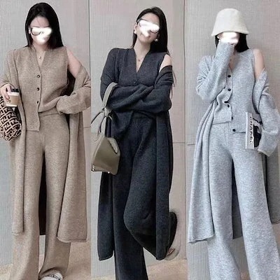 ２点で1oo円OFF！【激安SALE】上下レディースセッ りいい生地 セットアップ ワイドパンツ セーター 3点セット 新作 新品秋冬