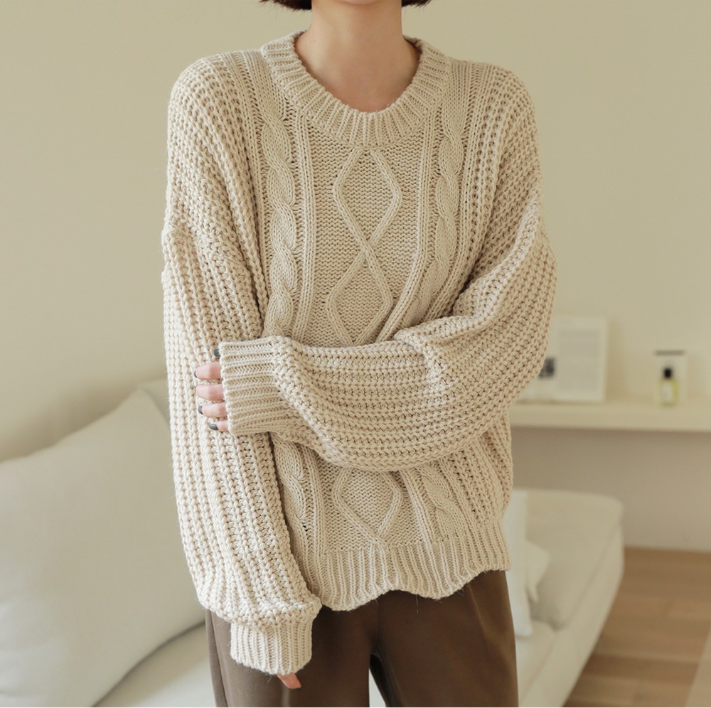 [bbaebbae] スカラップ裾 ケーブル編み 畦編み ミックス編み ラウンドネックニット / (送料無料)おしゃれなシルエットのファッションコーデー提案ハイクォリティー/韓国ファッション
