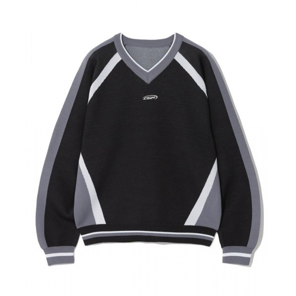 CODEGRY CGPラインオーバーフィットカラー Vネックニット (黒)