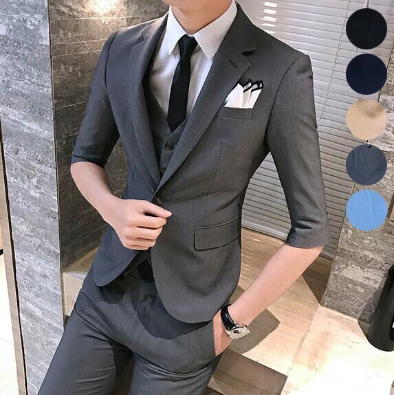 スリーピース 韓国風 スーツ メンズ シングルスーツ 夏 スリムスーツ 3点セット ジャケット+ベスト+パンツ 7分袖 フォーマルスーツ お兄ちゃん系 カジュアル サマースーツ ビジネス セットアップ