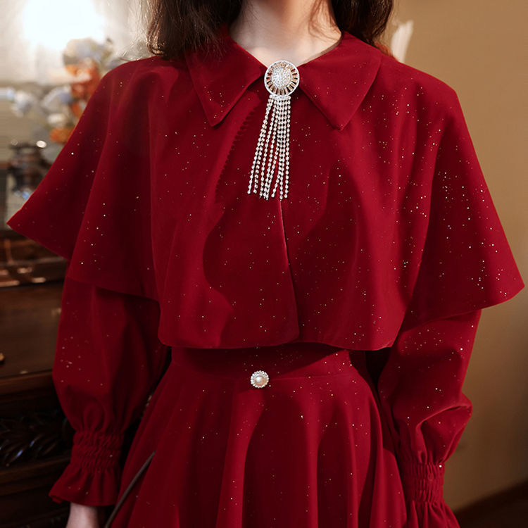 ウェア花嫁 2024 冬カバードアーム肥厚結婚妊婦ワインレッド婚約ドレス気質女性