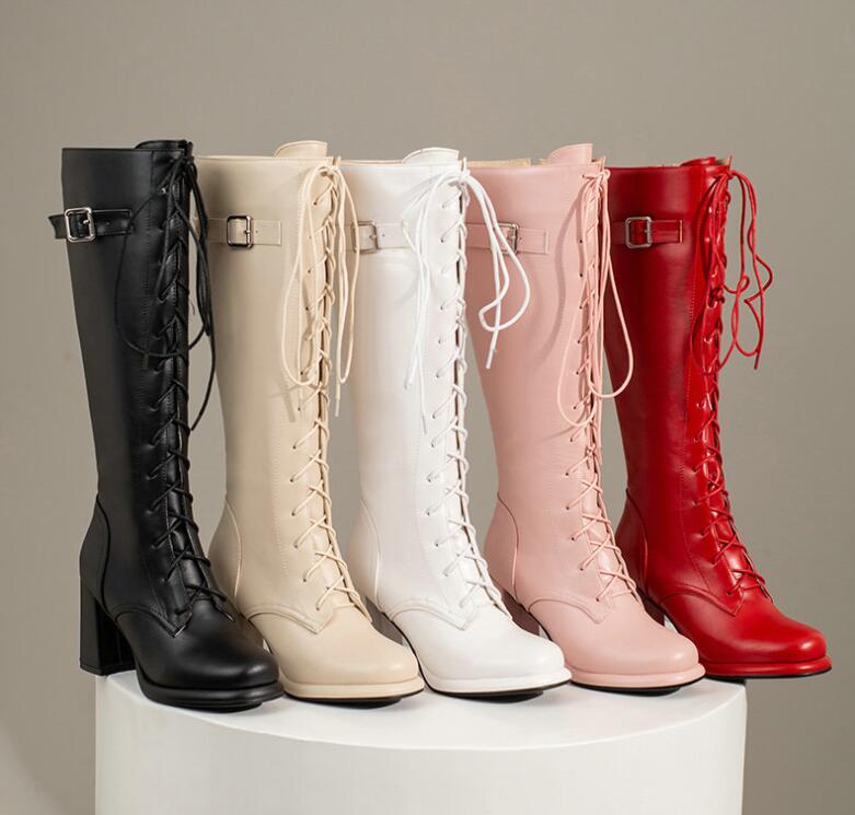 レディースブーツ　ロングブーツ　レースアップブーツ　編み上げブーツ　ロリータ風　コスプレ　22～29cm PU　厚底ブーツ　秋冬　春秋　ぺたんこ　ローヒール　8センチ　エンジニアブーツ　ジョッキーブー