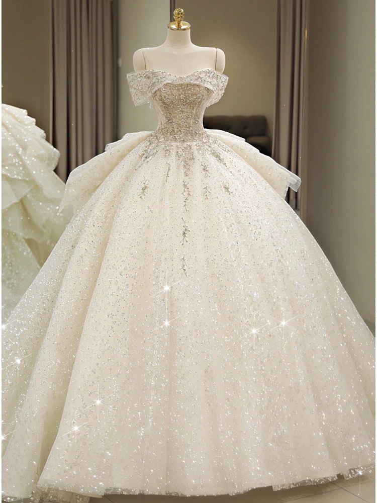 ワンショルダー ウェディングドレス 花嫁 2025年新作 メインヤーン 質感 重工業 小柄 妊婦 大きいサイズ テール